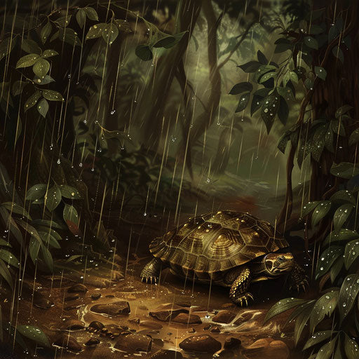 Stormy forest with a wood turtle sheltered under leafy bush