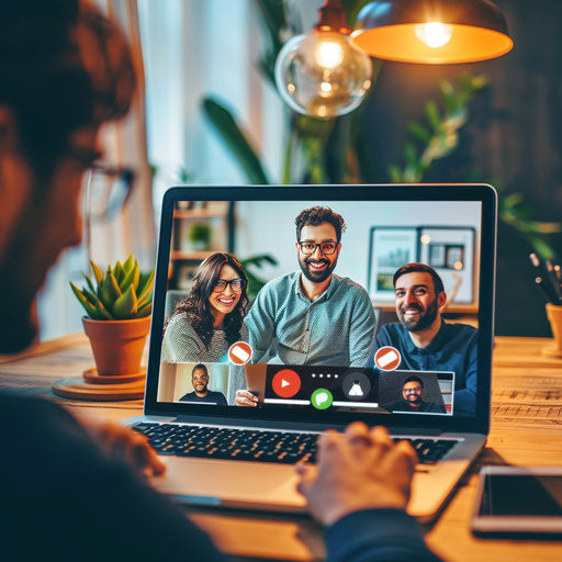 Professional virtual meeting with diverse participants on screen, modern interface