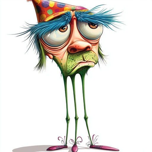 Humorous caricature of a you rock clipart with human characteristics, exaggerated thick eyelashes, long legs, party hat, vibrant colors, cartoon style, frowning, high-res, no bg, isolated