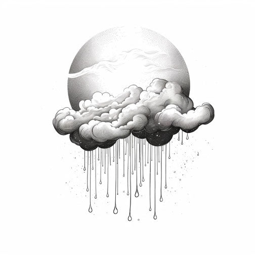 Cloud and moon with clouds, black and white style, tattoo