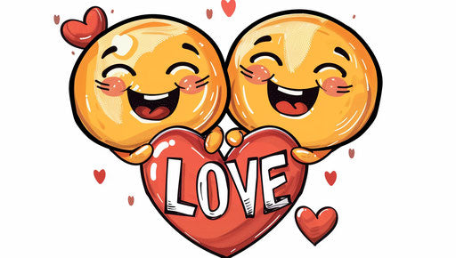 Joyful love with happy emoji on red heart