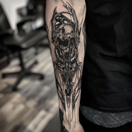 Strength tattoo with sci-fi aesthetics