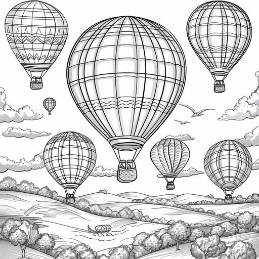 Cheerful hot air balloons floating over a scenic landscape