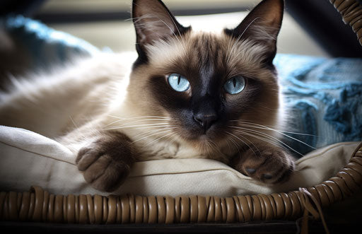 A Siamese cat in her bedroom, light beige and blue style