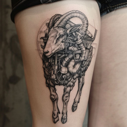 Biomechanical style black sheep tattoo on white