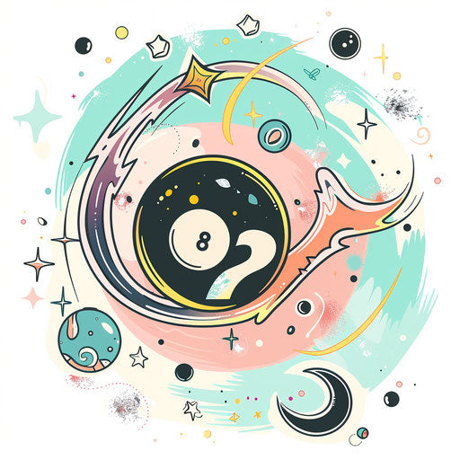 Pool ball surrounded by floating magical elements