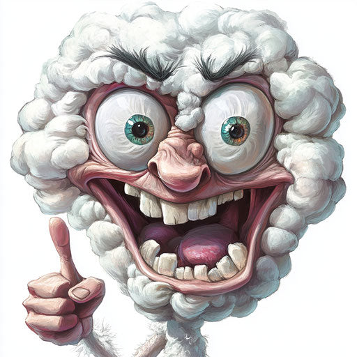 Humorous caricature of a cotton caricature clipart with human characteristics, exaggerated big eyes, with fingers hands, miniature, vibrant colors, cartoon style, pointing, high-resolution, no background, isolated –c 40