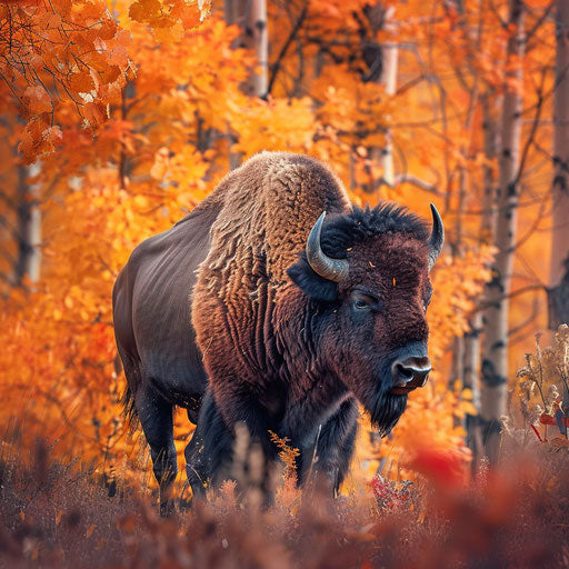 A bison among vibrant fall foliage