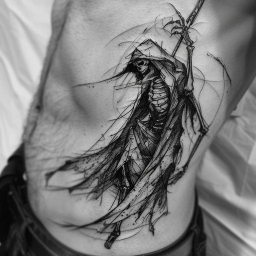 Blackwork reaper tattoo with intense black shading on white