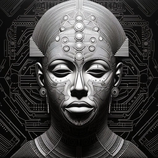 Royal pharaoh illustration in black and white, inspired by afrofuturism