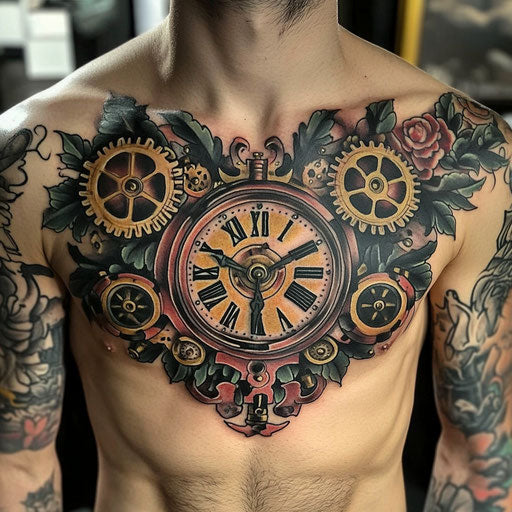 Steampunk clock chest tattoo with cogs and gears