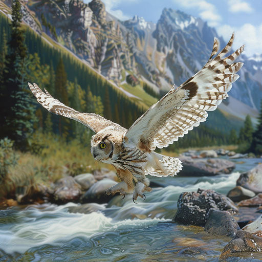 White owl in flight over a clear mountain stream