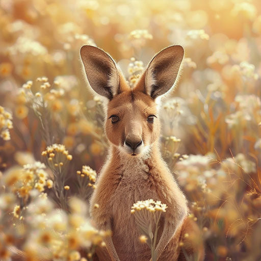 Red kangaroo amidst delicate, blooming desert flowers