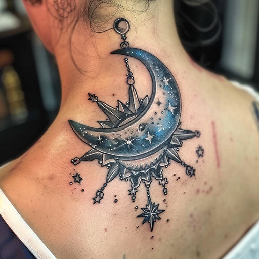 Mystical nautical star tattoo with moon and stars theme