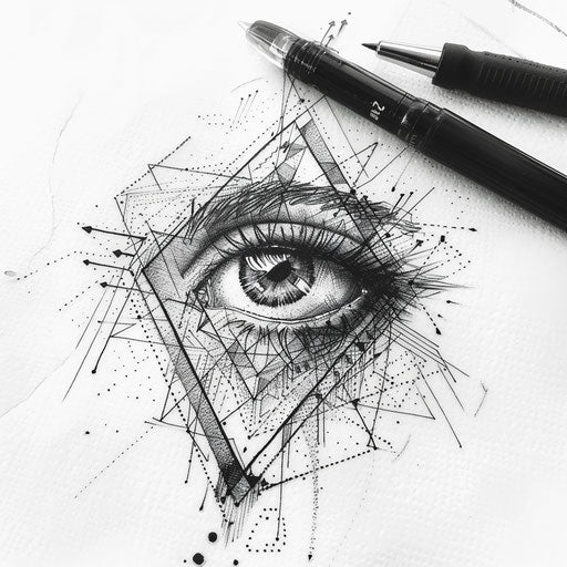 Mystical geometric tattoo design of an eye surrounded by geometric motifs on white background