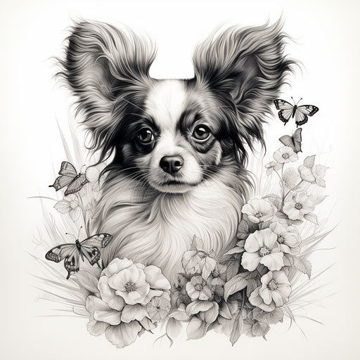 The papillon puppy, in the style of elegant inking techniques, hinchel or, realistic