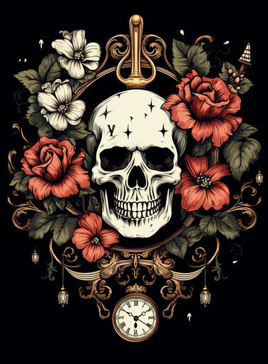 Vintage pocket watch with skull and flowers, ornate style