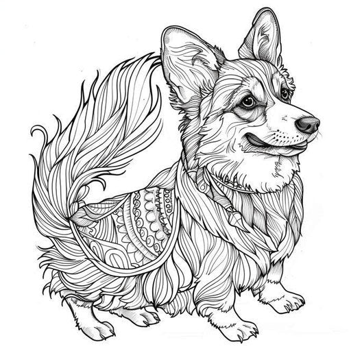 Detailed illustration of a corgi with a fluffy tail and perky ears. Coloring book page