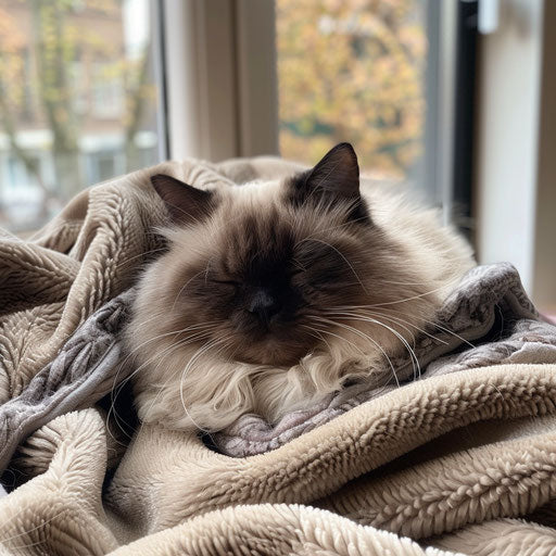 Himalayan cat in a cozy bed with a tiny blanket and pillow