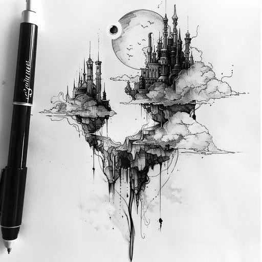 Dynamic flat tattoo sketch of a surreal dreamscape with floating islands
