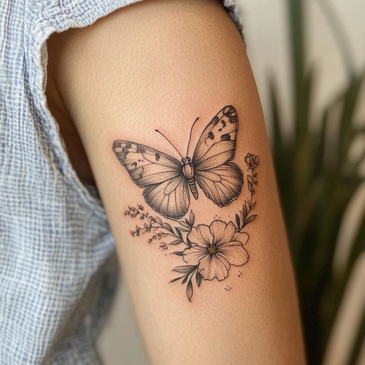 Inner arm tattoos of a butterfly landing on a flower