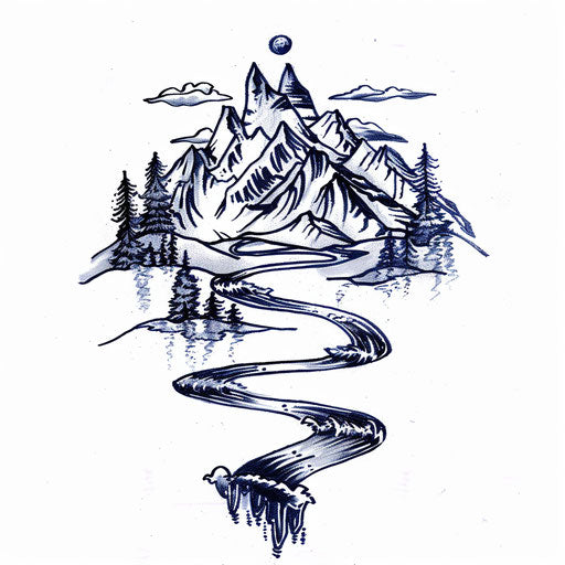 Rustic flat tattoo sketch of a neo tribal landscape