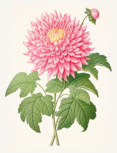 Pink flower on white background with green leaves in classic tattoo style