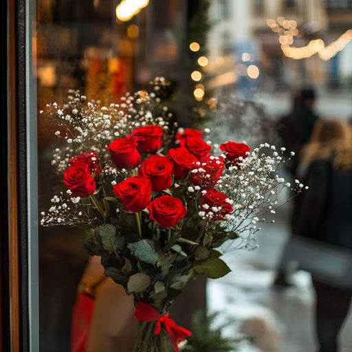 Bouquet of red roses and baby's breath in the window