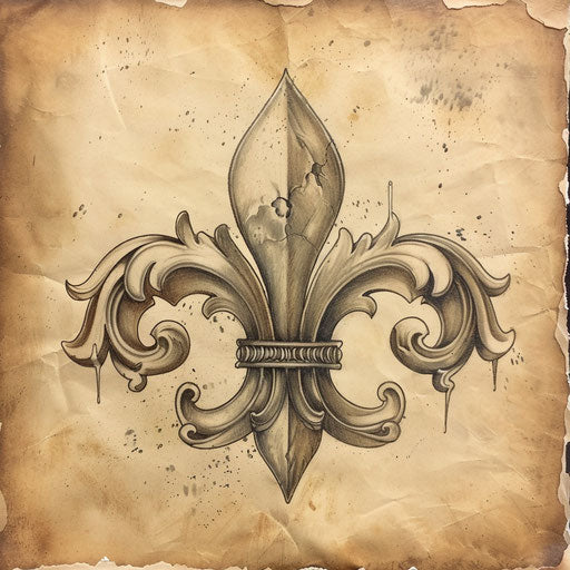Vintage-inspired tattoo sketch of a fleur de lis on an aged parchment with sepia tones