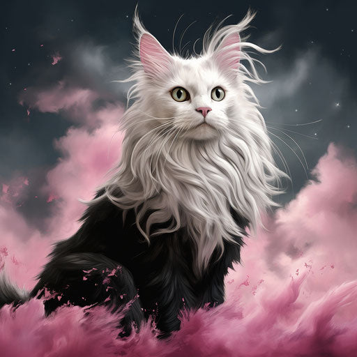 Black and white cat, styled in light brown and magenta