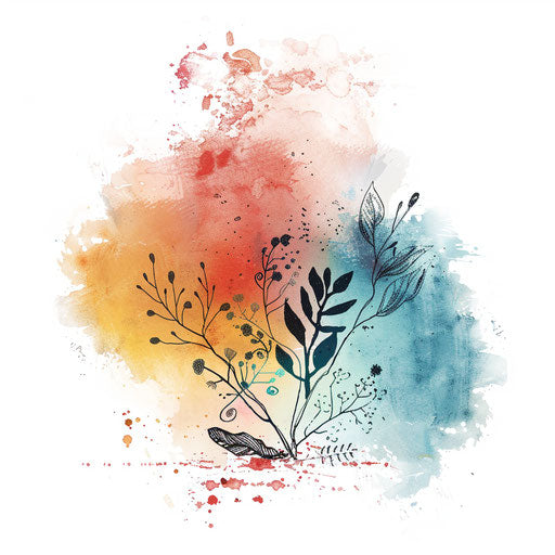 Top logo design with hand-drawn elements and colorful palette on watercolor backdrop