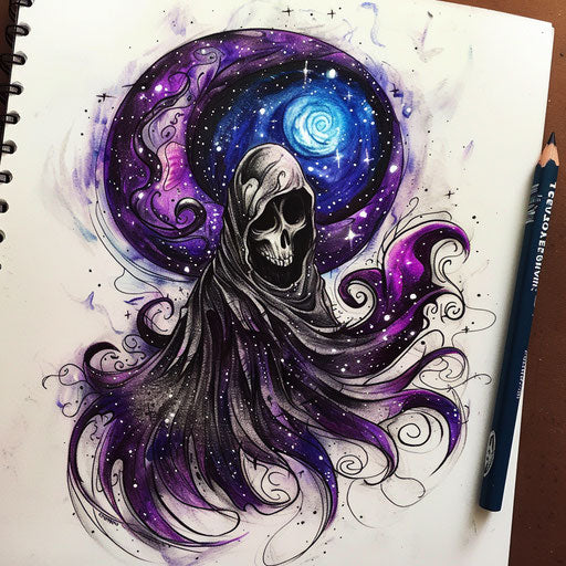Cosmic reaper death seal tattoo with starry skies