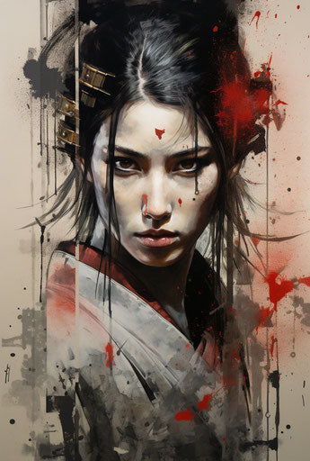 Samurai woman canvas art, gray-red, urban, round, tondo style