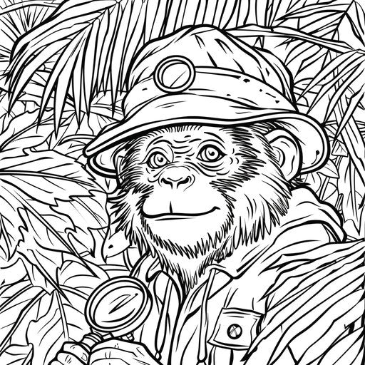Monkey explorer with hat in the jungle - Coloring page
