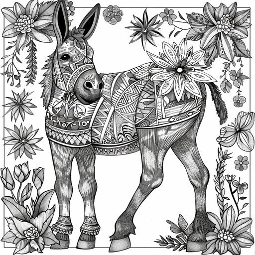 Donkey adorned with floral and geometric patterns. Coloring page