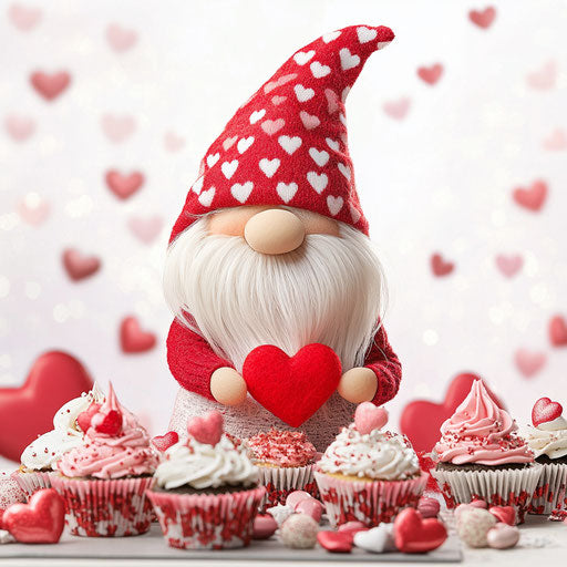 Valentine's Day, gnome making cupcakes on decorated table