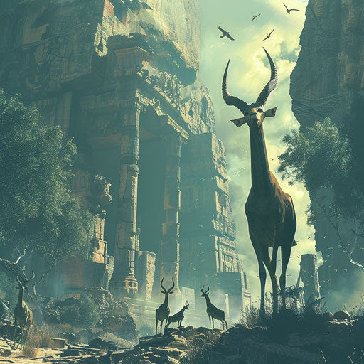 Ancient ruins under towering giant gazelles