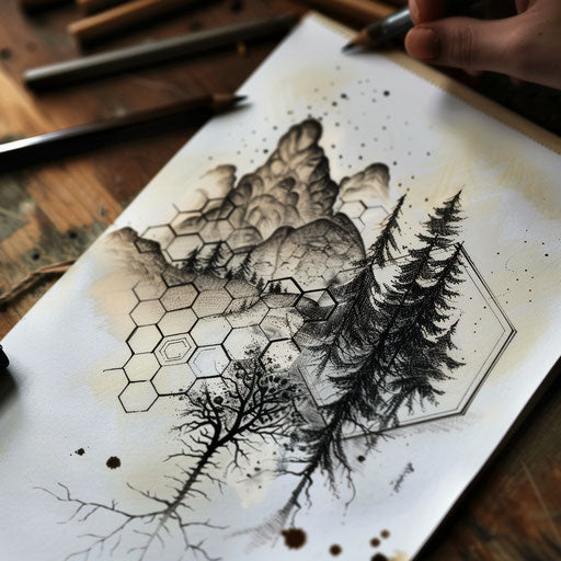 Dynamic flat tattoo sketch of hexagons morphing into natural landscapes