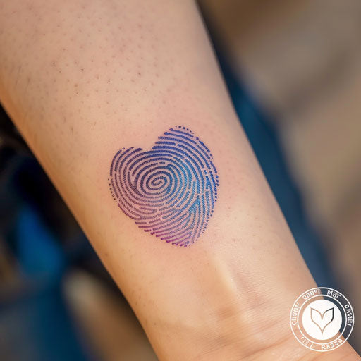Modern fingerprint heart tattoo in purple to blue gradient on white background