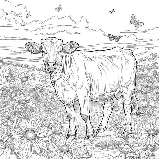 Cow in meadow with flowers and butterflies