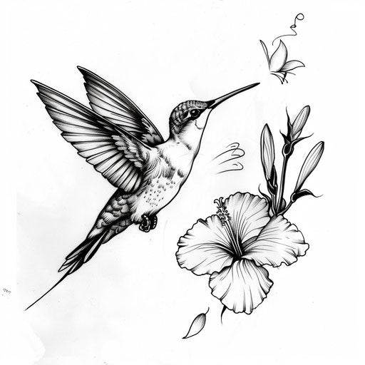 Tattoo sketch of a hummingbird hovering near a flower, with fine details and motion, in clipart style, flat black ink