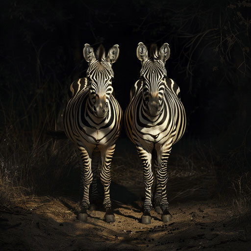 Zebras with dramatic shadows and dark lighting