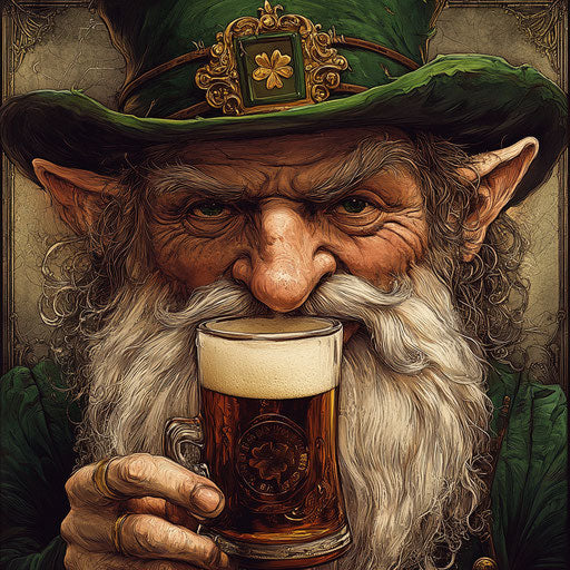 Leprechaun drinking beer, detailed face, vintage poster style