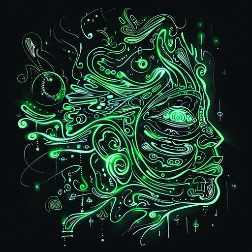 Surreal flat clipart style sketch for dark arts tattoo with vibrant neon green outlines