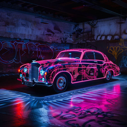1954 Cyberpunk Bentley R Type Continental with neon and digital graffiti