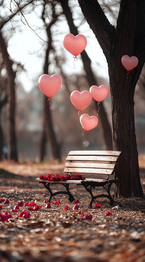 Bench under tree with pink heart-shaped balloons