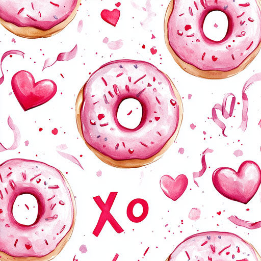 Delicious pink doughnuts with red hearts and XO letters on white