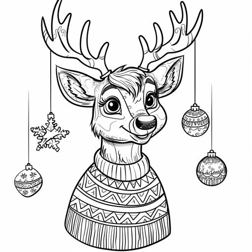 A deer in a festive holiday sweater with ornaments