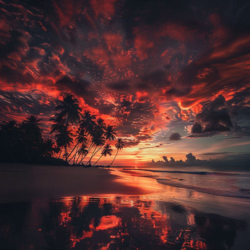 Sandy beach with palm trees silhouetted against a fiery sunset