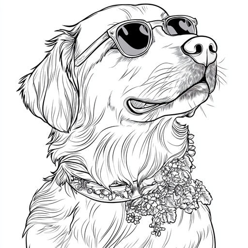 Coloring book page featuring a golden retriever with stylish accessories